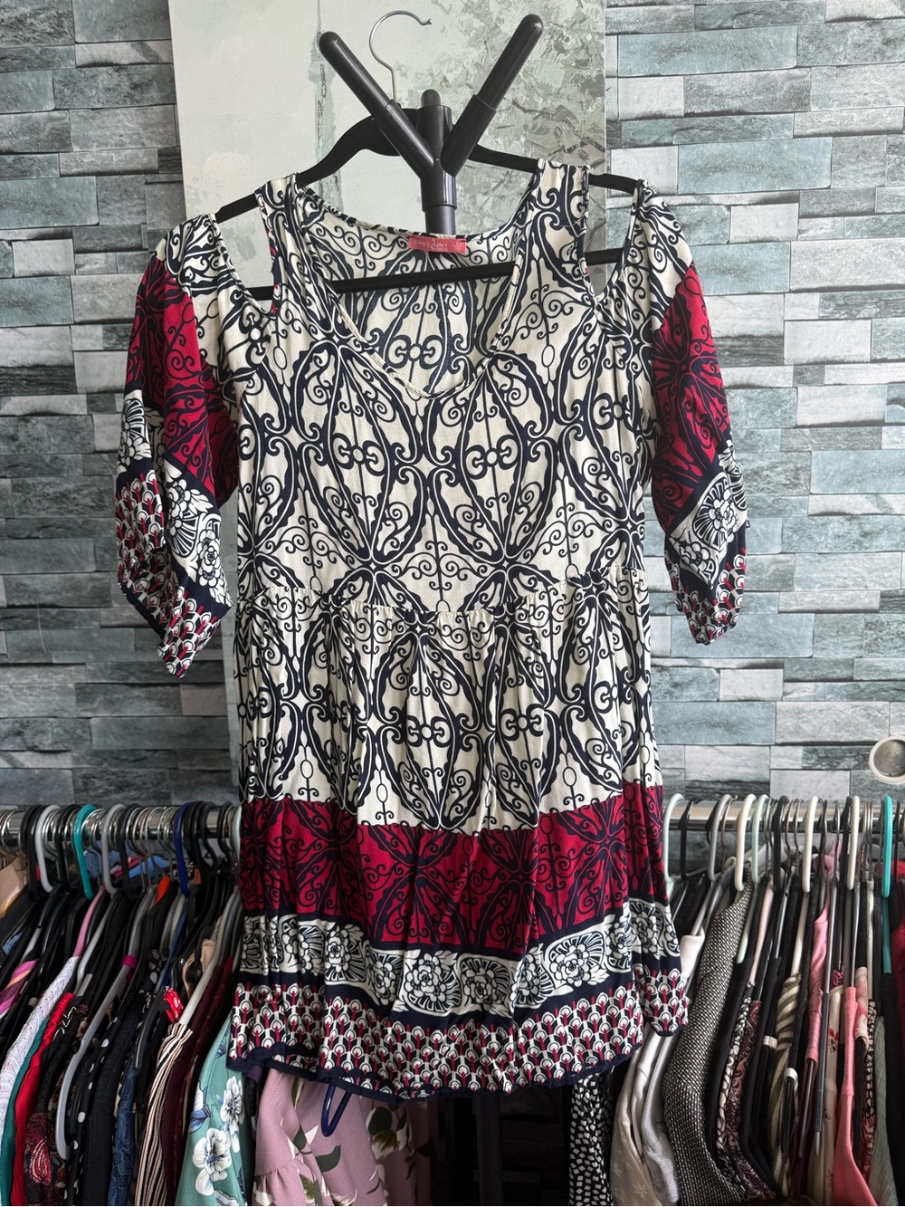 Women’s Cold-Shoulder Printed mini dress (or tunic top) in Cream, Black & Red